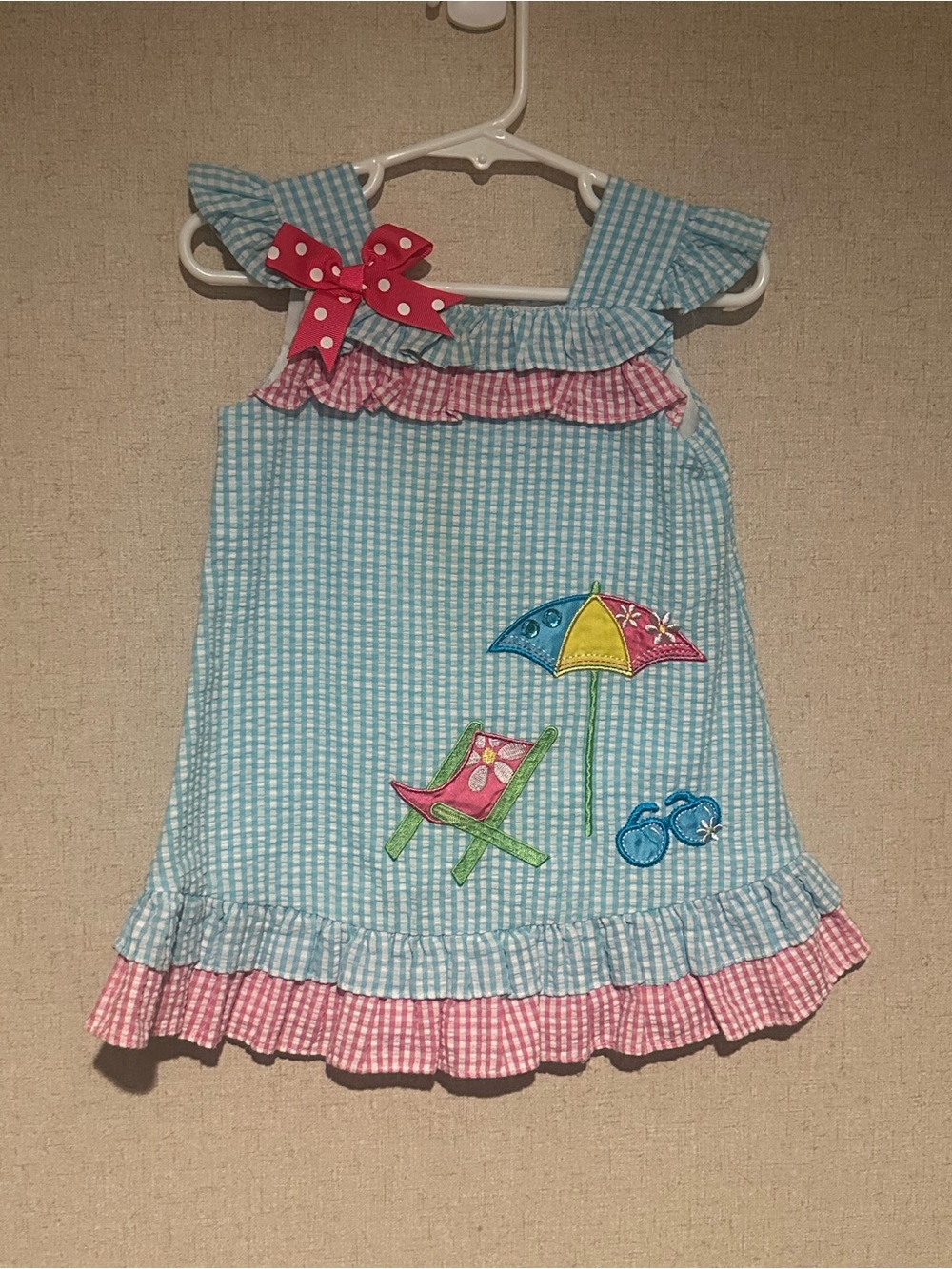 Rare Editions 18M Light Blue & Pink Seersucker Beach Appliqué Dress